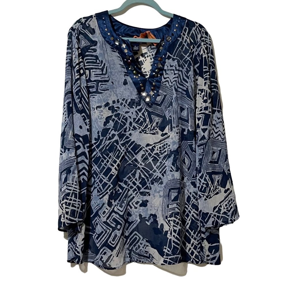 Susan Graver women’s sz 1X semi-sheer blue print long sleeve bejewel v neck top